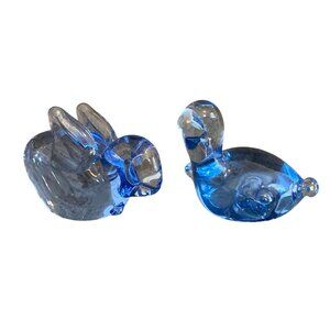 VTG Art Glass Blue Bunny Rabbit & Turtle Paperweight Figurine Translucent